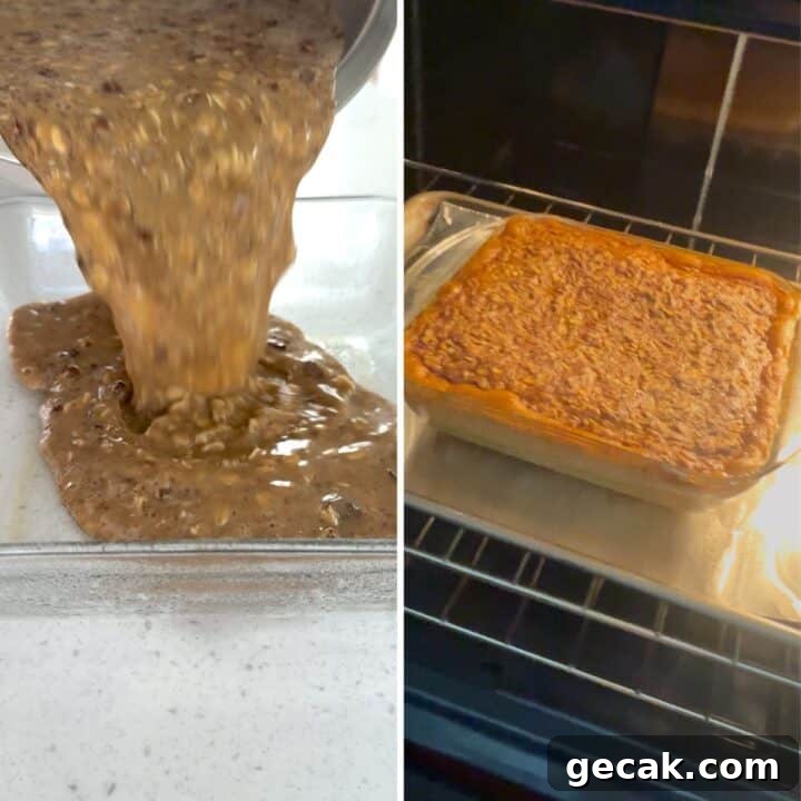 Baked pumpkin oatmeal mixture going into the oven to bake.