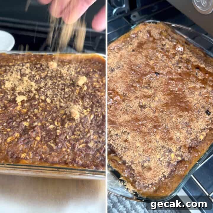 Sprinkling brown sugar over the baked pumpkin oatmeal.