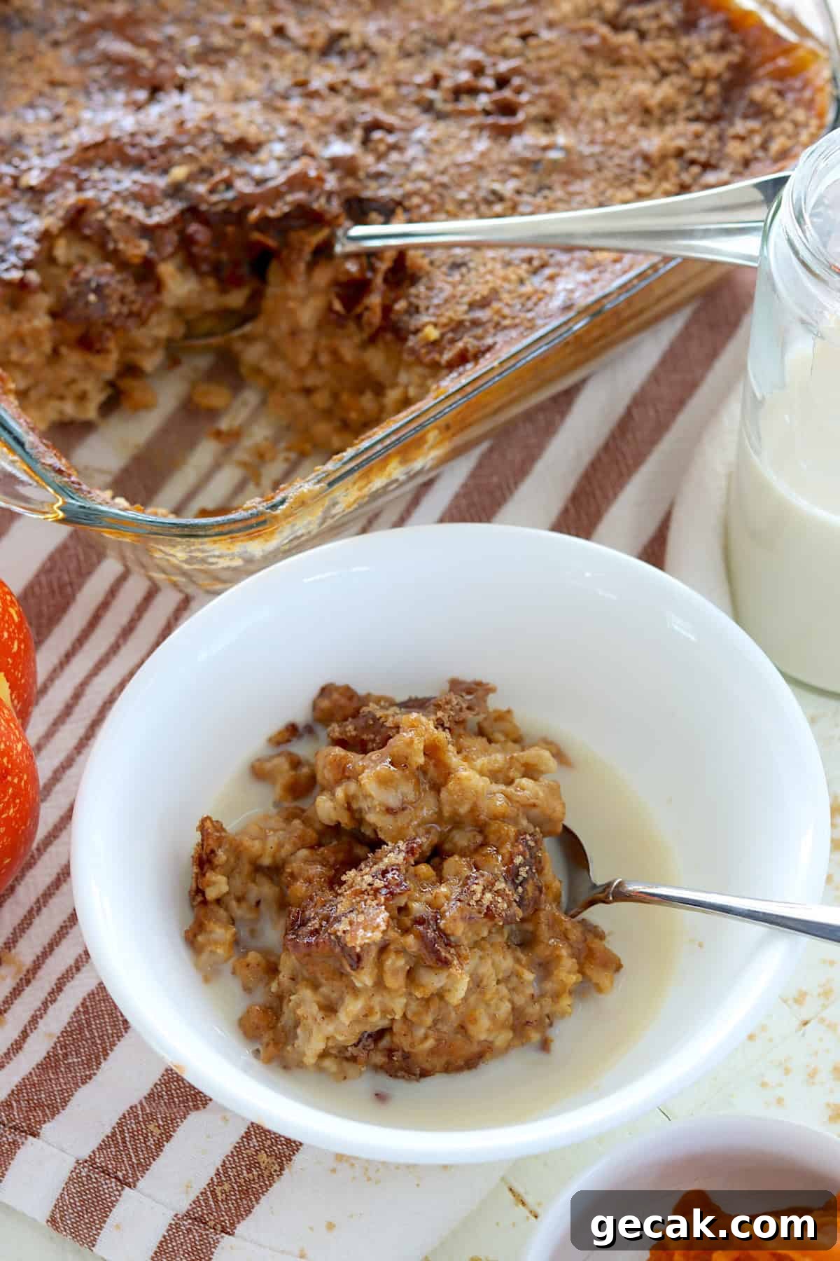 A white bowl of pumpkin baked oatmeal