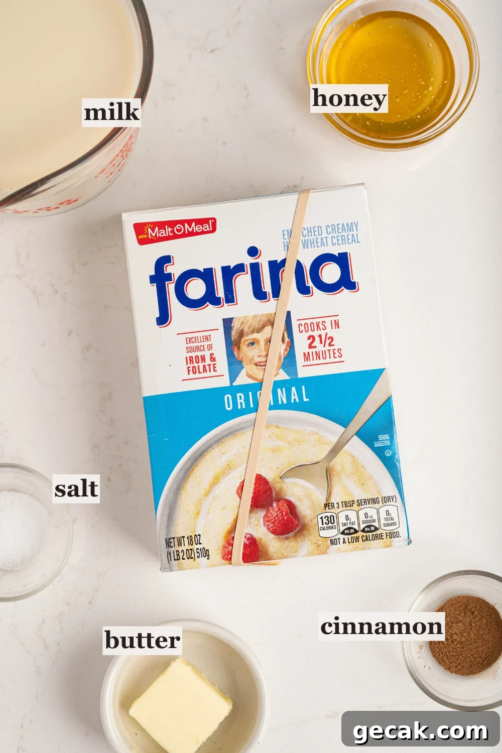 Bowls of farina, honey, milk, and more.