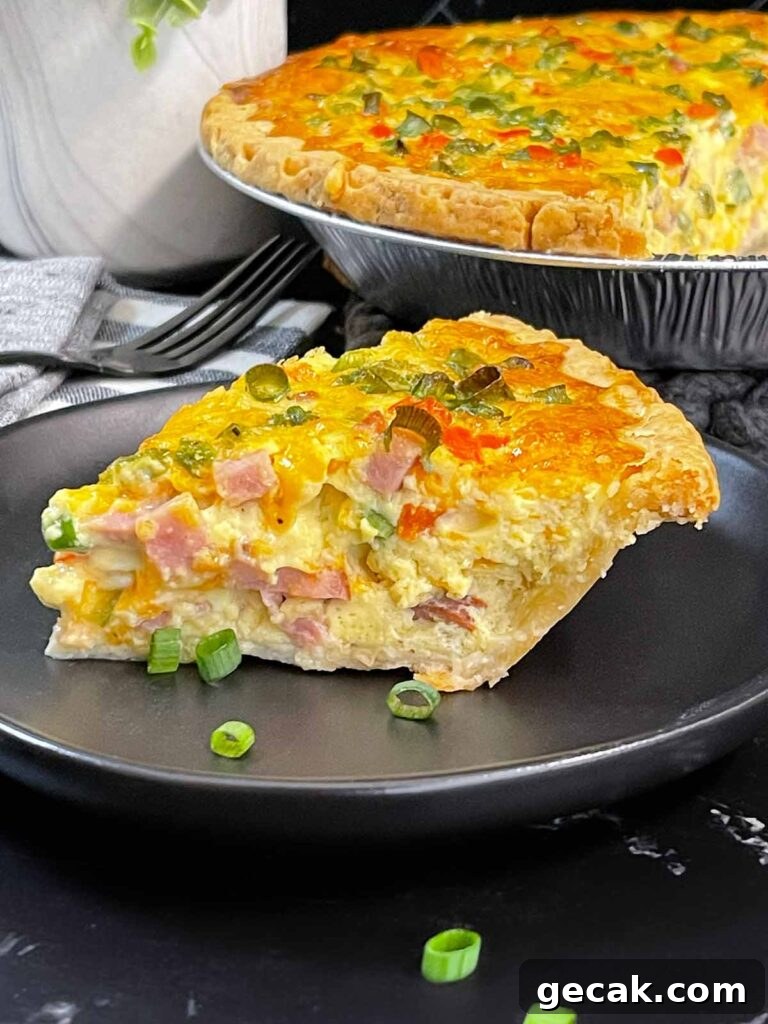 Southwestern Omelet Quiche Recipe – Flaky Crust & Savory Filling 2 A slice of Western Omelet Quiche on a dark plate.
