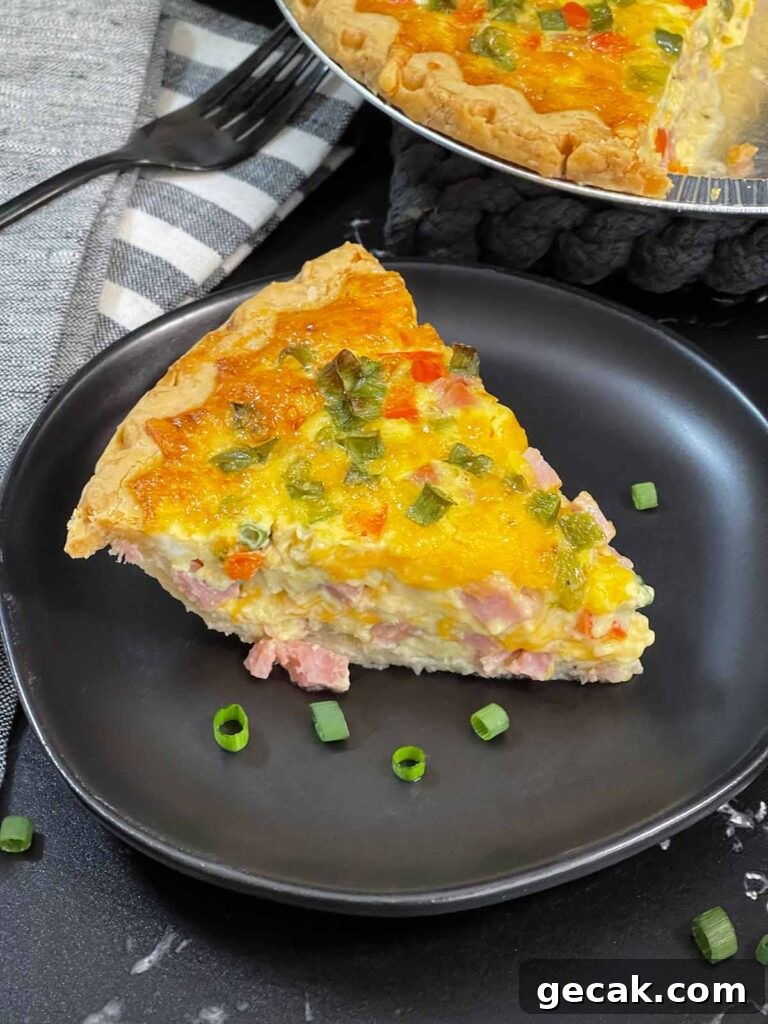 Southwestern Omelet Quiche Recipe – Flaky Crust & Savory Filling 15 A slice of Western Omelet Quiche on a dark plate.