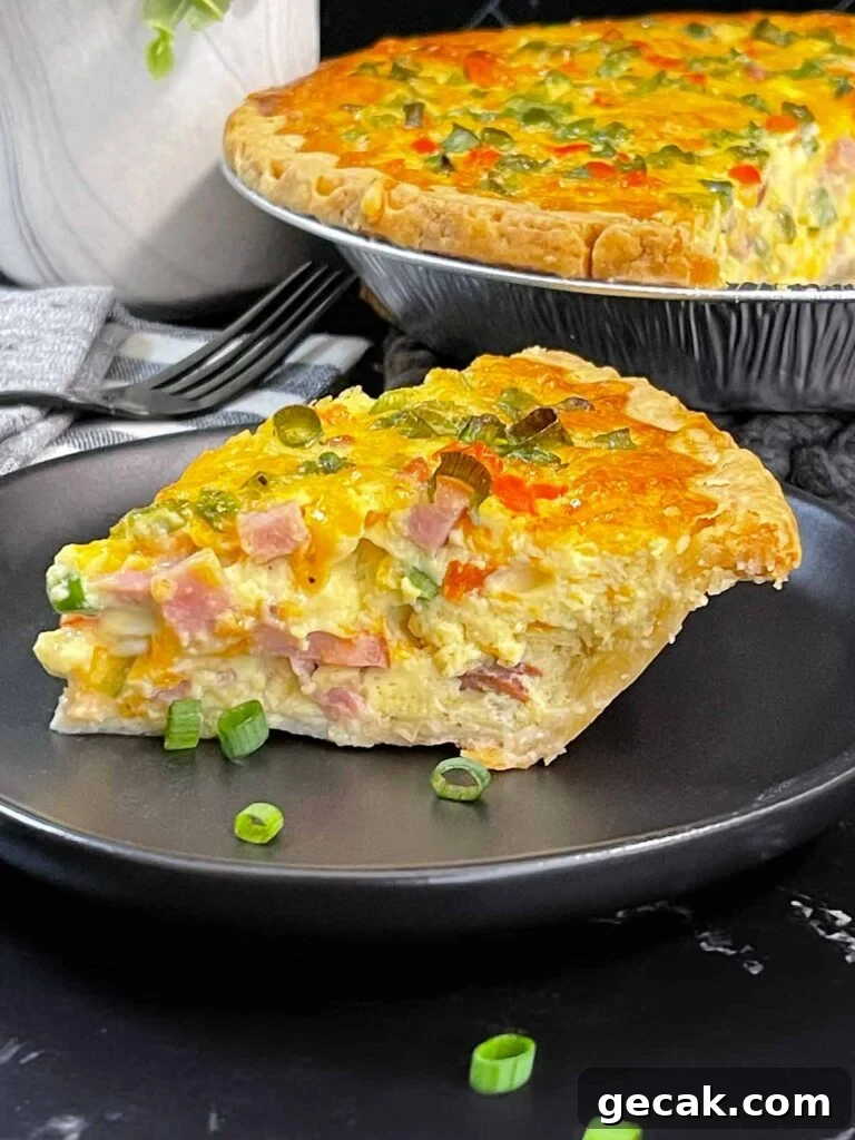 Southwestern Omelet Quiche Recipe – Flaky Crust & Savory Filling 16 A slice of Western Omelet Quiche on a dark plate.