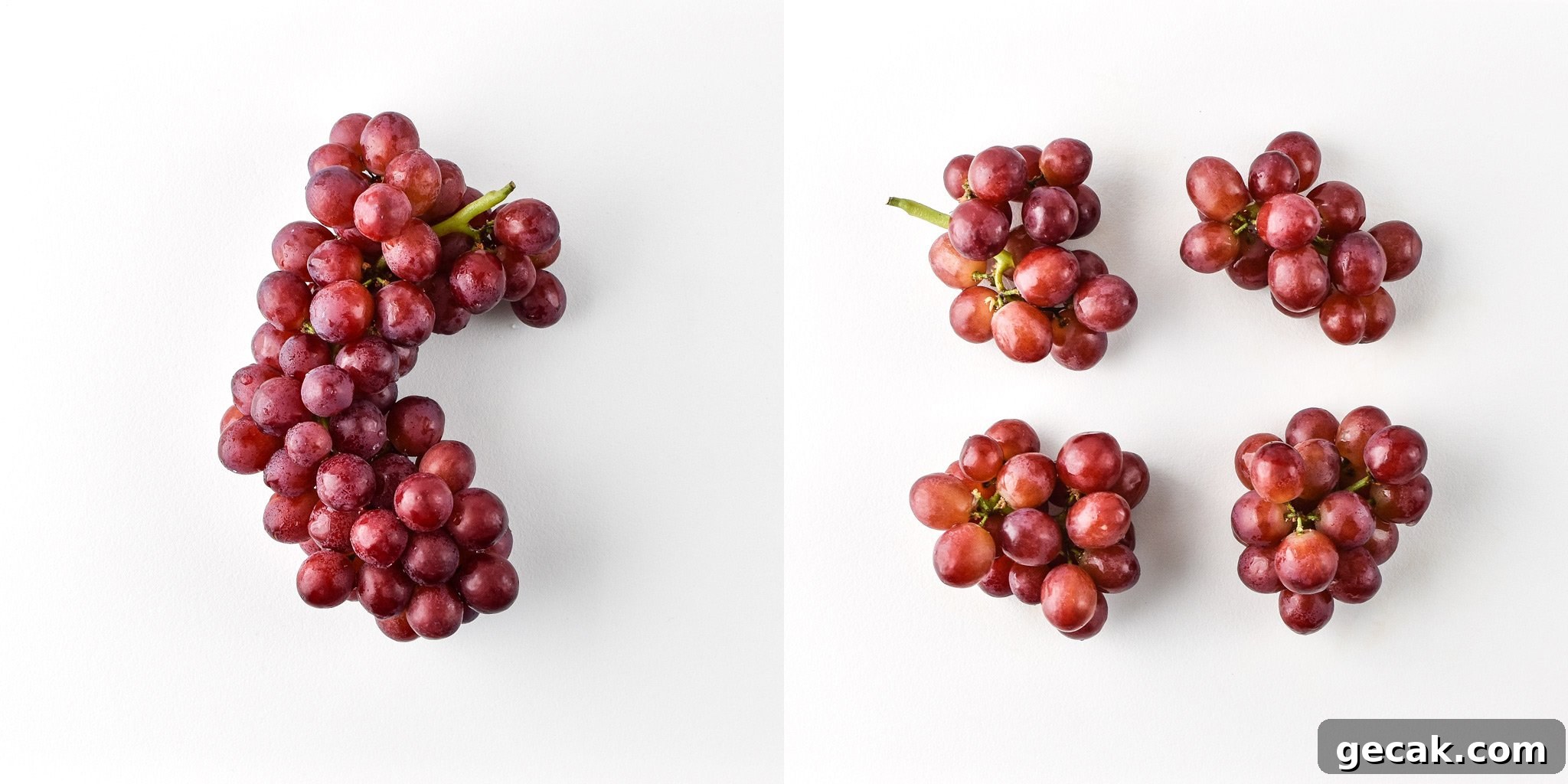 A bunch of grapes before and after portioning for meal prep lunches.
