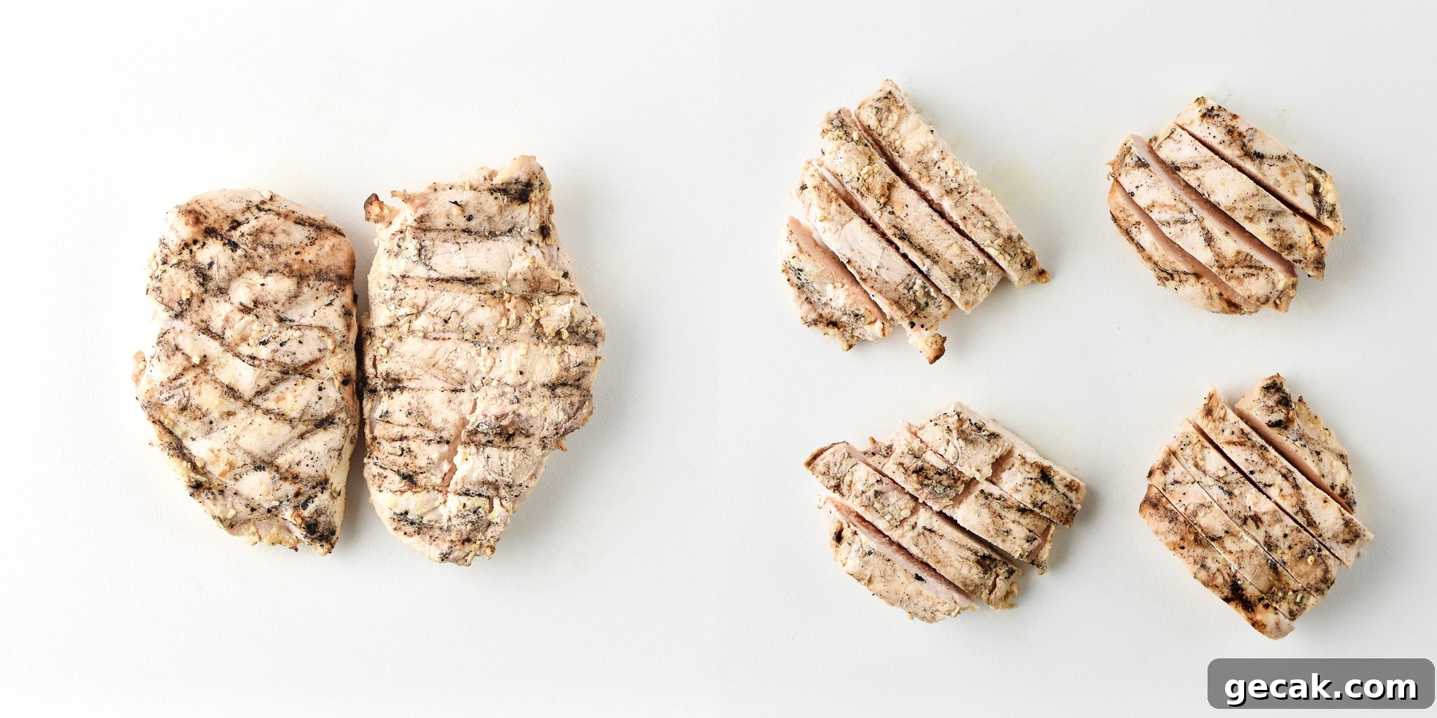 Cooked boneless skinless chicken breast before and after portioning.