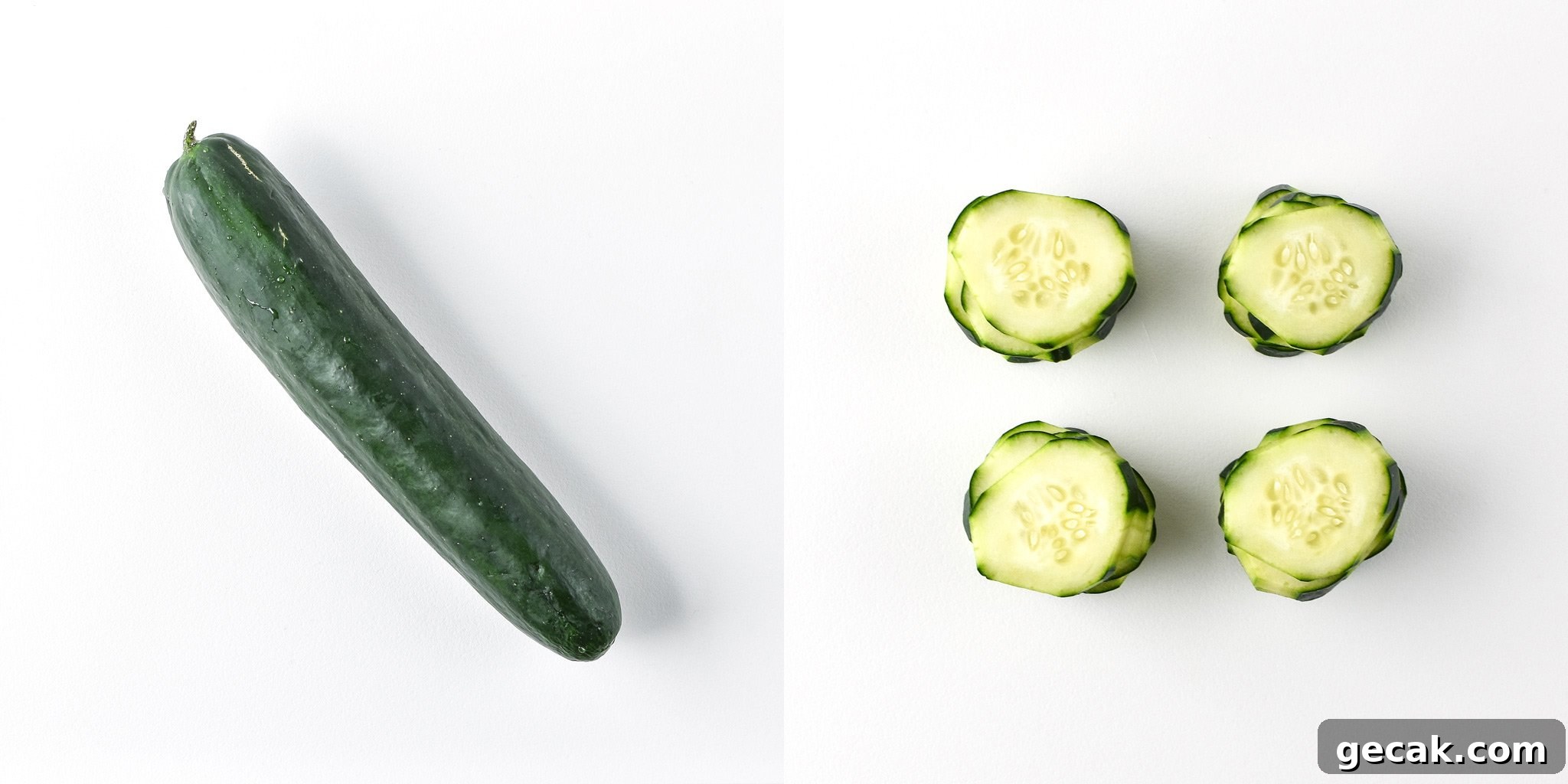 Cucumbers before and after preparing and portioning.
