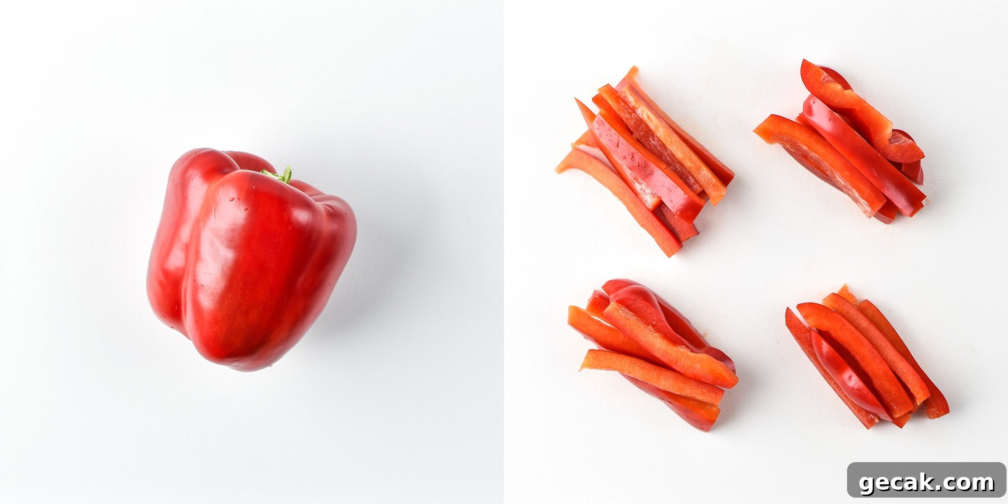 Red bell pepper before and after portioning for the Chicken & Hummus Plate Lunch Meal prep