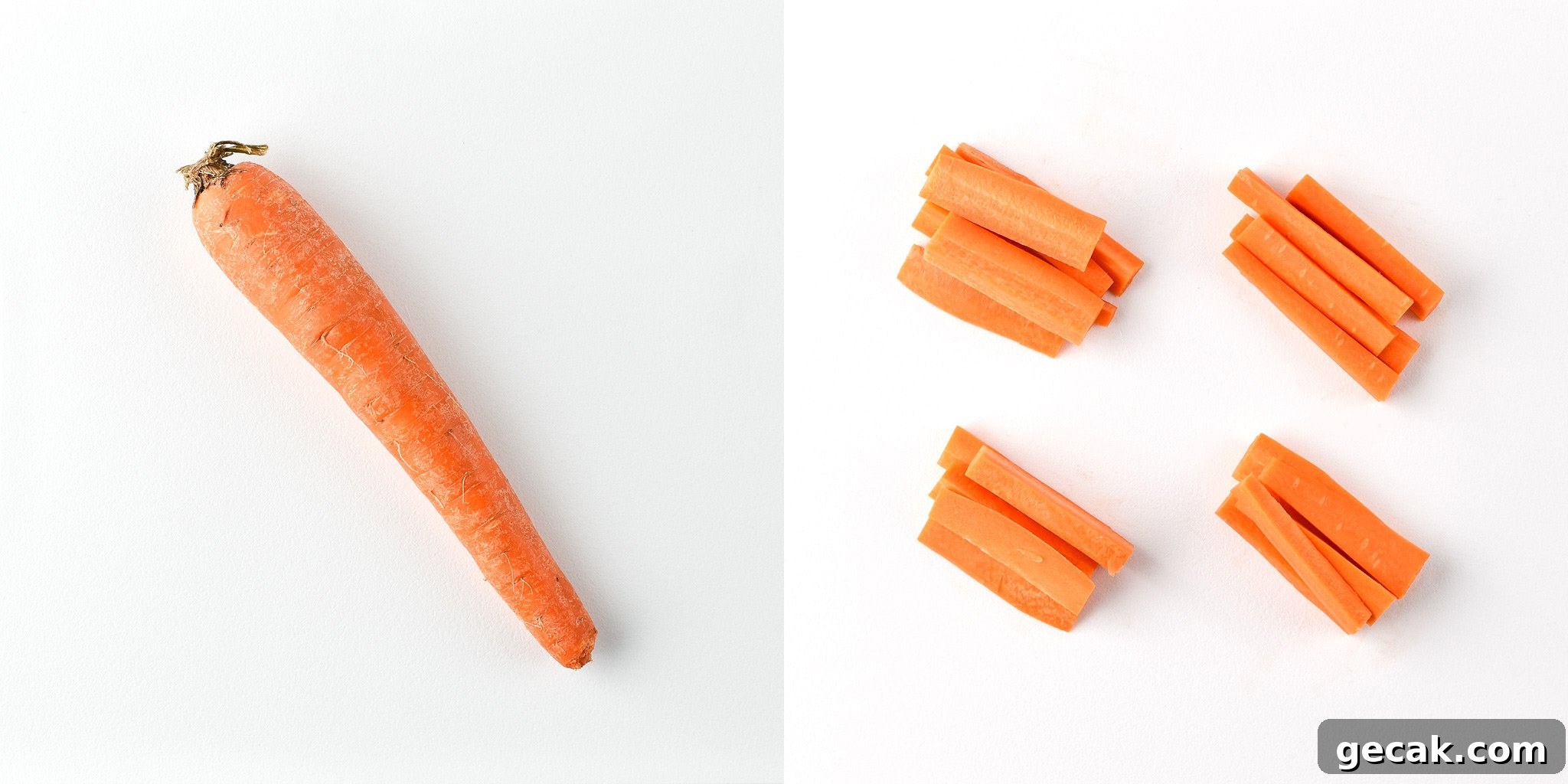 A carrot before and after portioning for the chicken & hummus plate lunch meal prep.