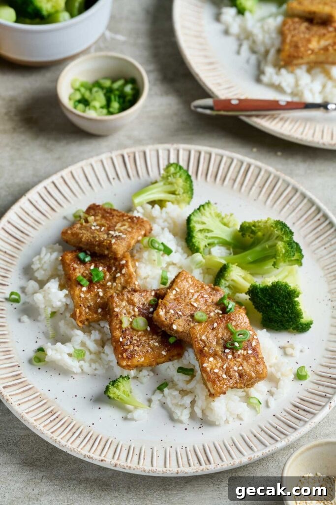 Crispy tofu with sesame seeds and lemon zest served over rice with steamed broccoli