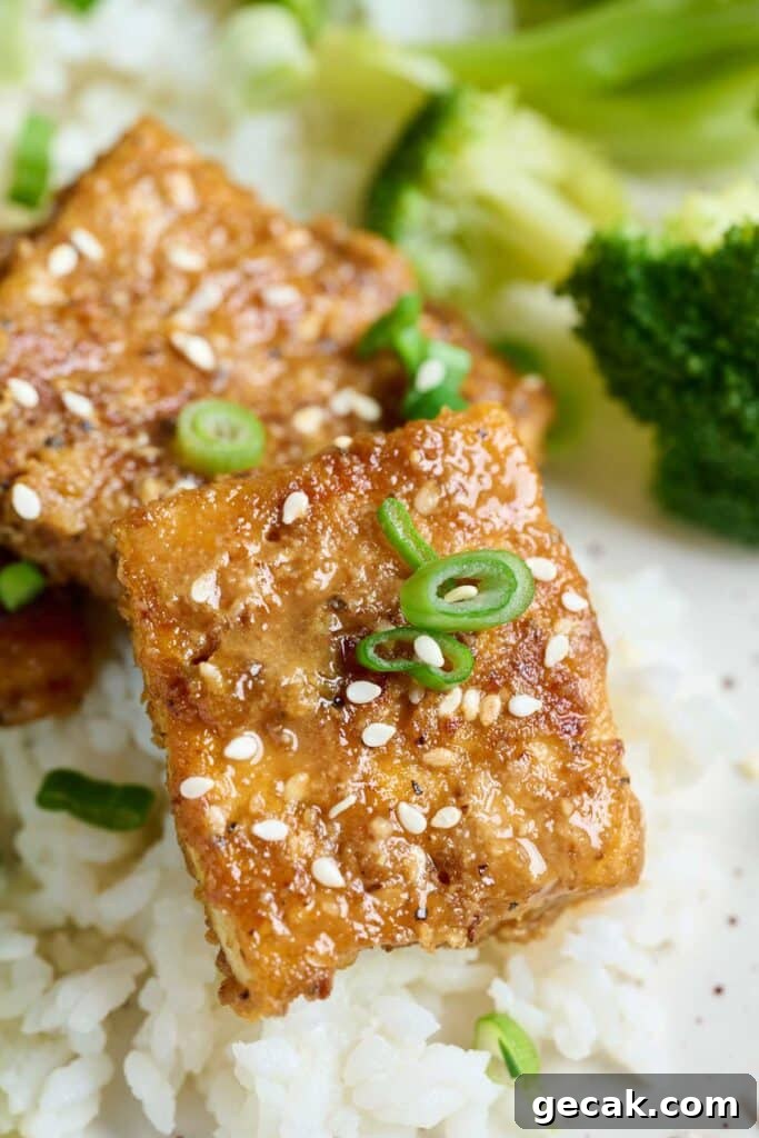 Close up image of golden brown crispy lemon pepper tofu served over rice.