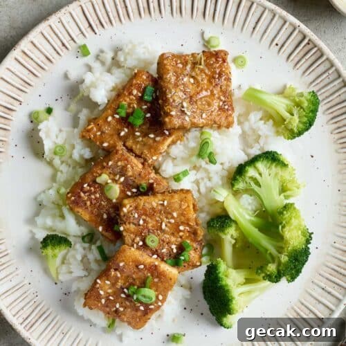 Crispy tofu with sesame seeds over rice with broccoli