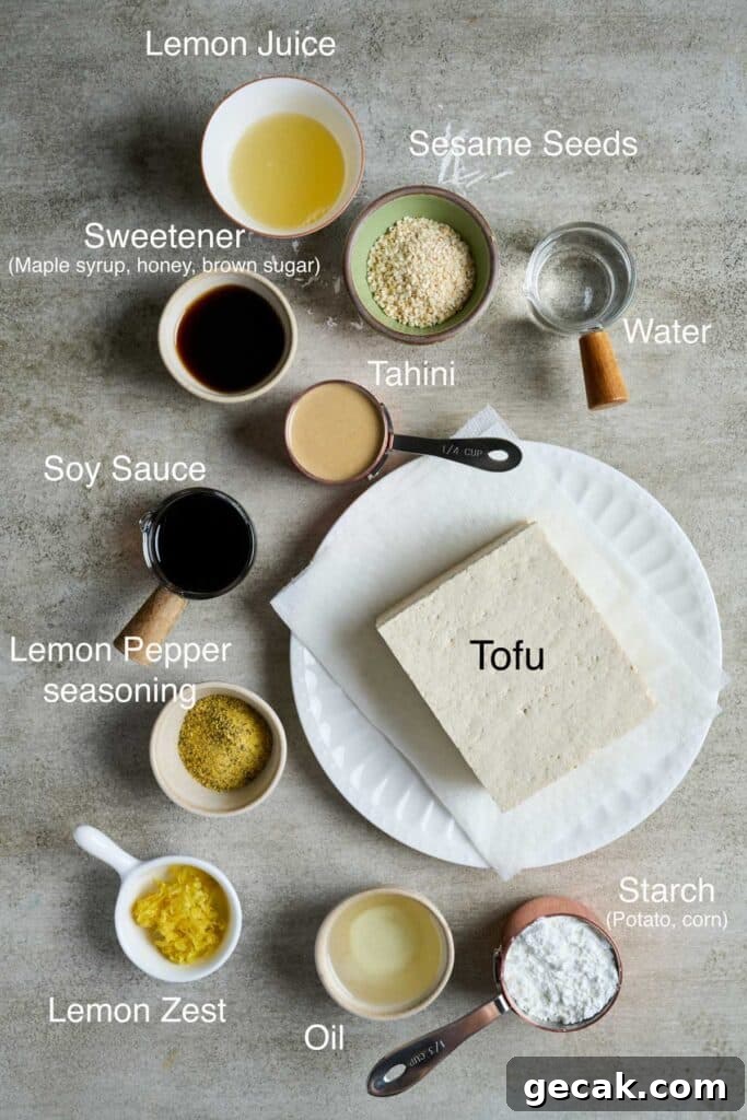 Ingredients to make crispy lemon pepper tofu.