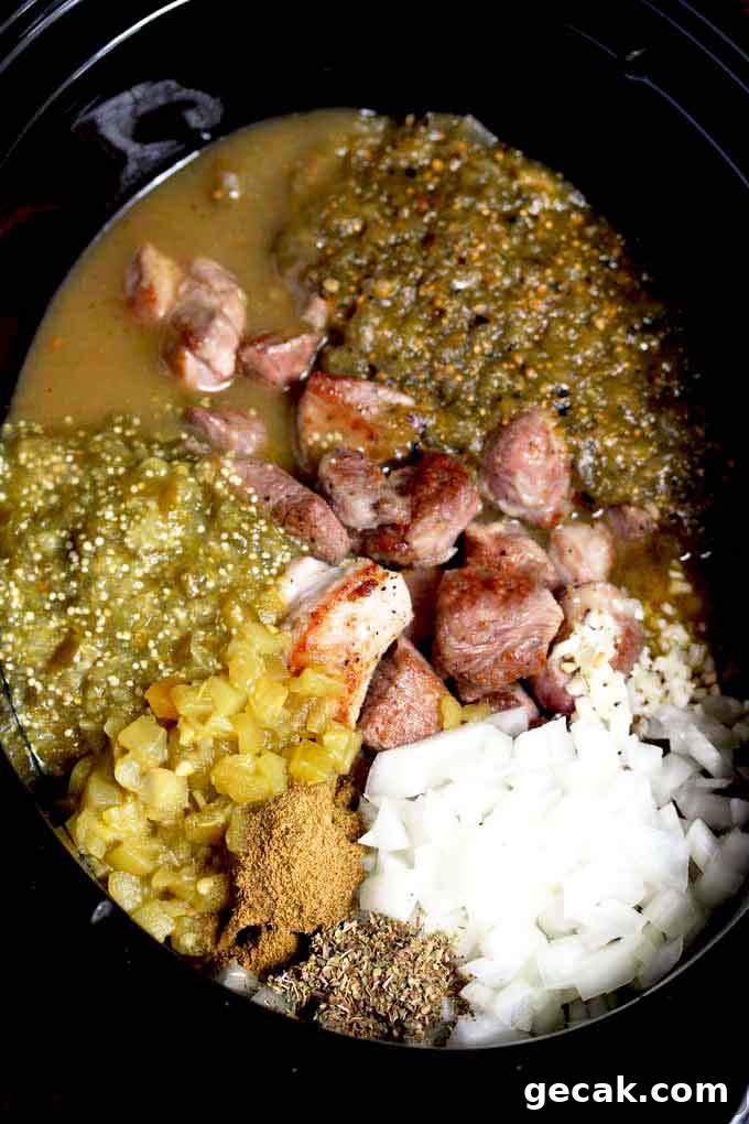 All pork chili verde ingredients in a crock pot.