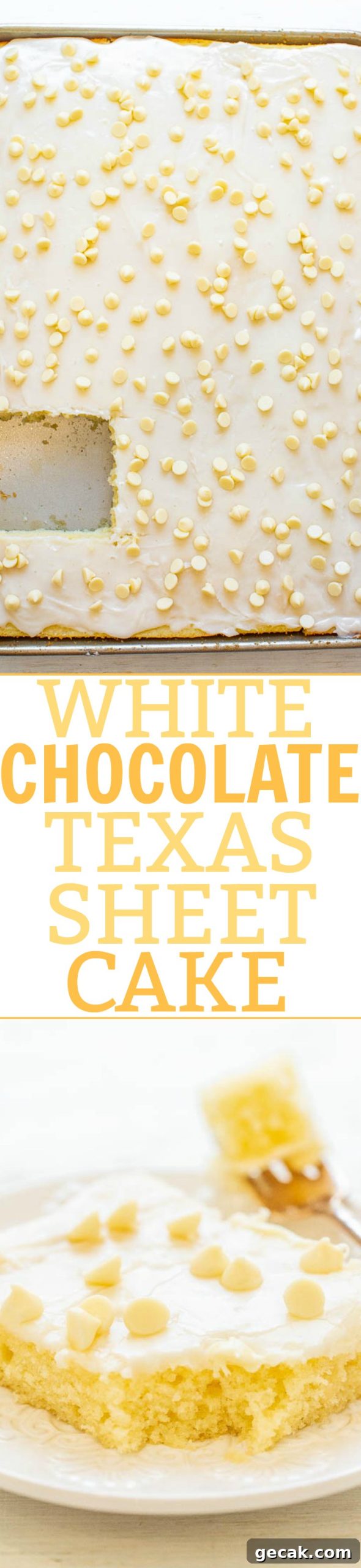 White Texas Sheet Cake — A fast, EASY, no-mixer cake that's soft, fluffy, tender, and just melts in your mouth!! The white chocolate twist on a traditional Texas chocolate sheet cake is DELISH! A perfect PARTY cake!!