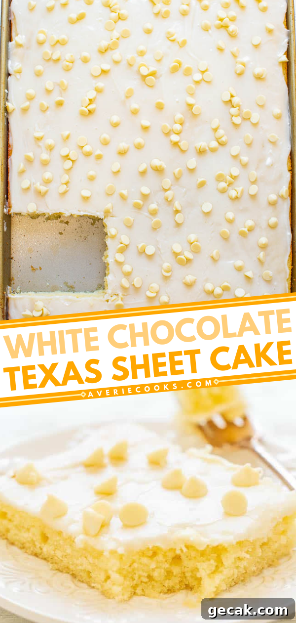 White Texas Sheet Cake — A fast, EASY, no-mixer cake that's soft, fluffy, tender, and just melts in your mouth!! The white chocolate twist on a traditional Texas chocolate sheet cake is DELISH! A perfect PARTY cake!!