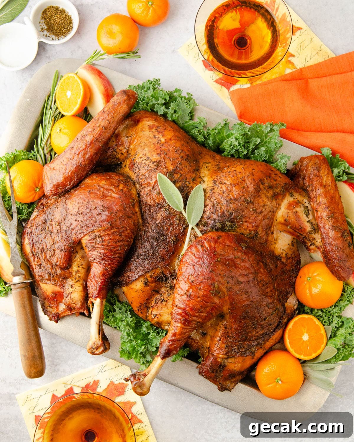A platter of grilled turkey with garnishes. 