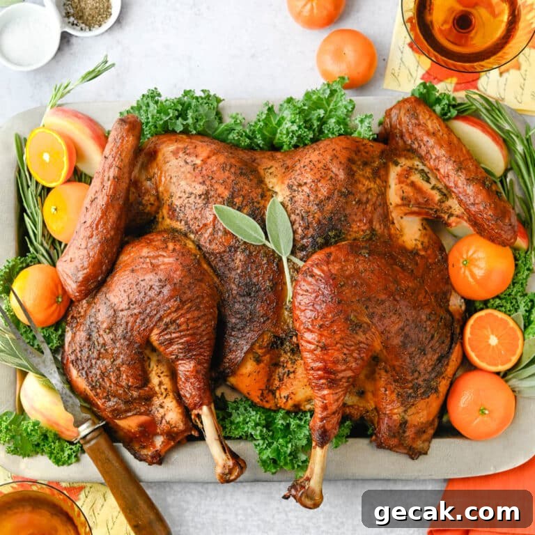 Serving the grilled spatchcock turkey on a silver platter.