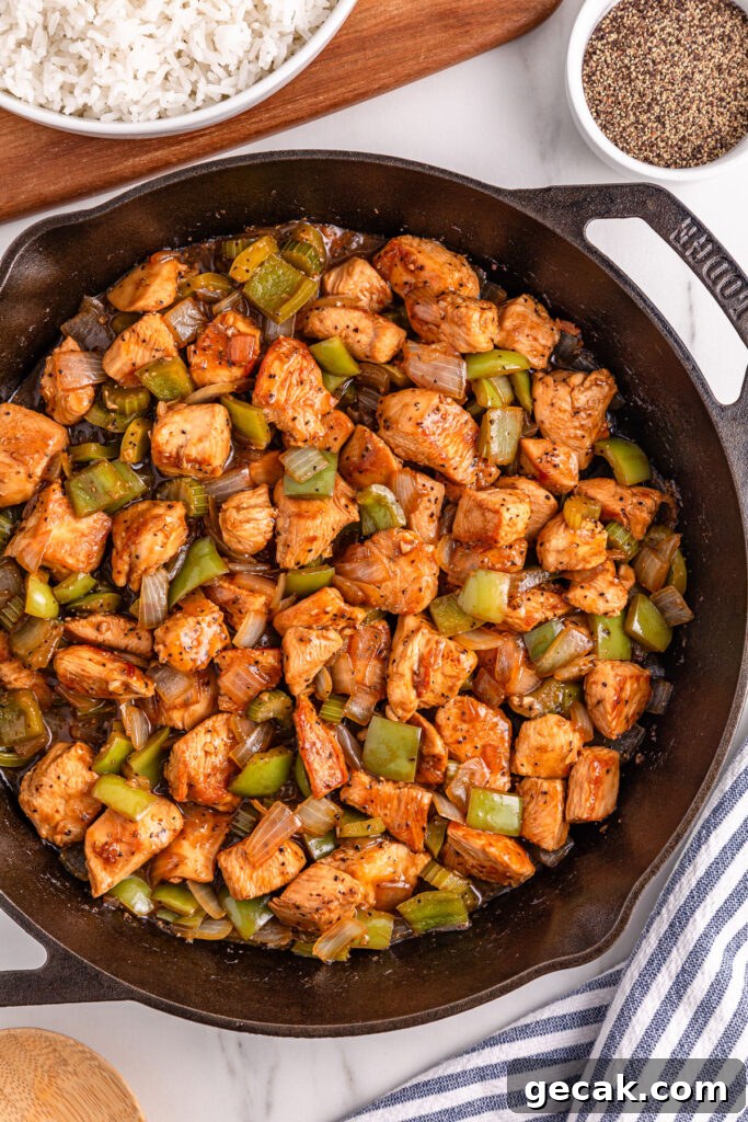 black pepper chicken in cast iron pan