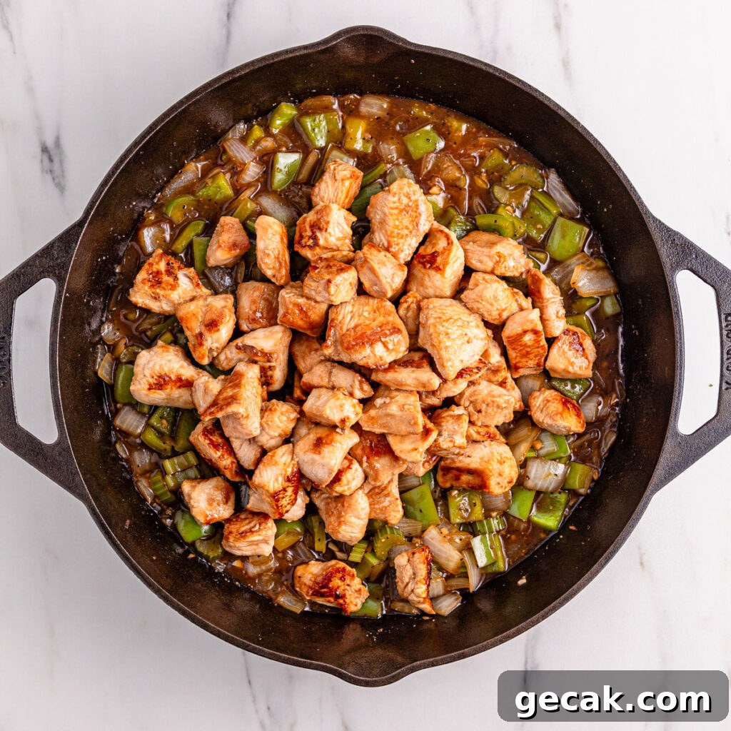 black pepper chicken in cast iron pan