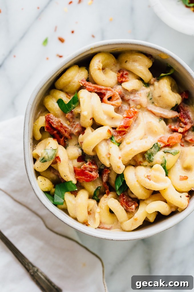 Creamy Sun-Dried Tomato & Basil Pasta Recipe for Dinner 5 Top view of Creamy Sun Dried Tomato Basil Pasta.