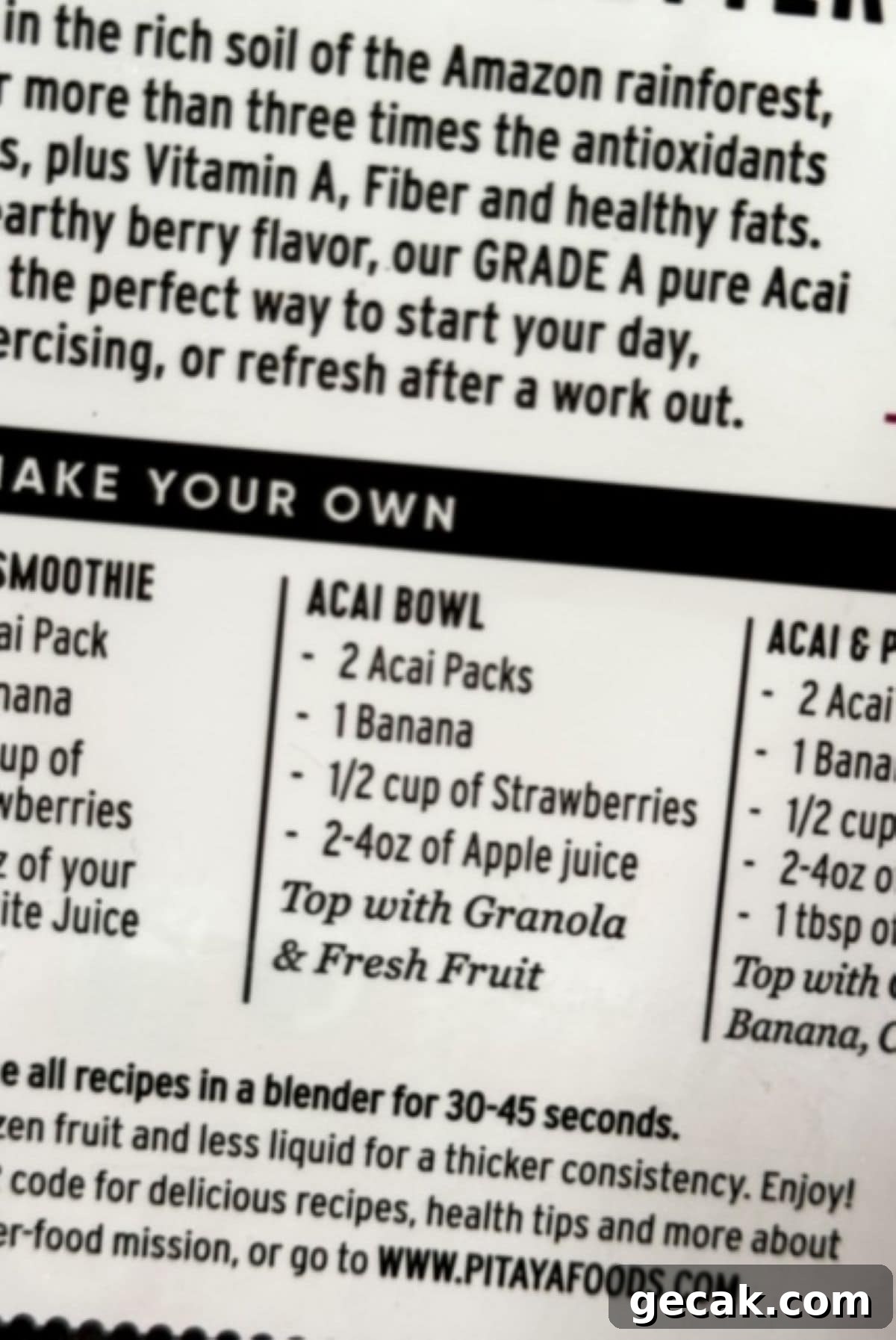 Recipe for an acai bowl on a package.