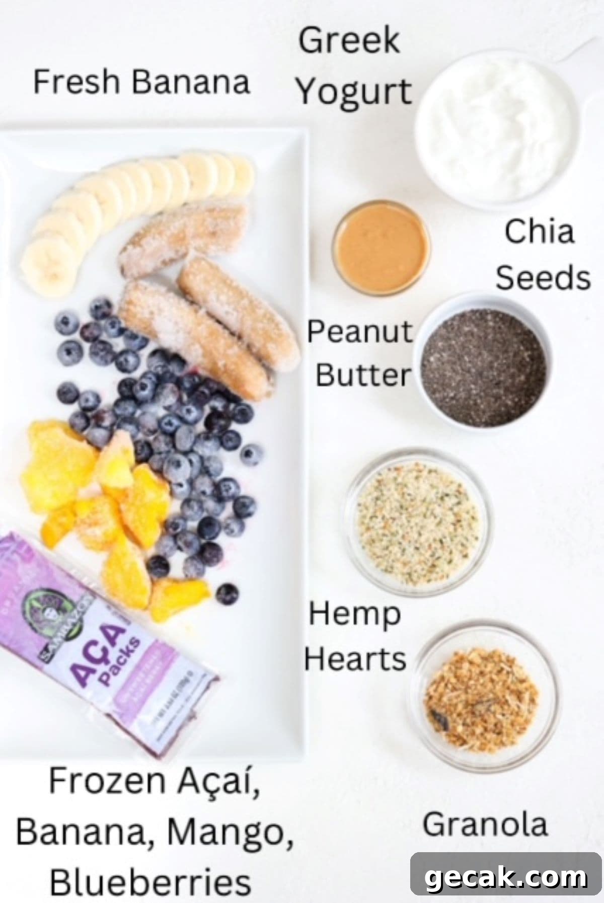 Acai protein bowl ingredients, labeled.