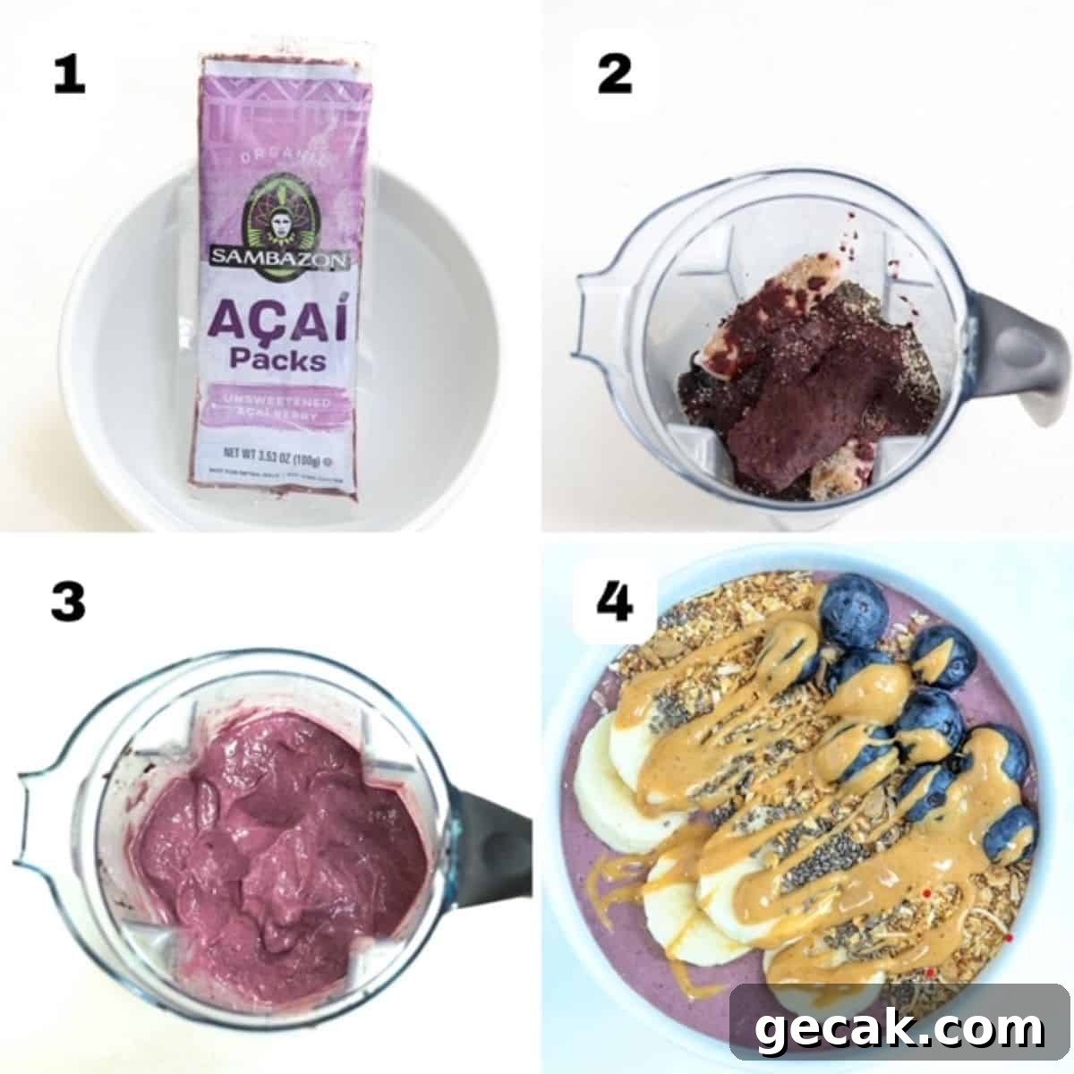 Four numbered images showing how to make an acai bowl.