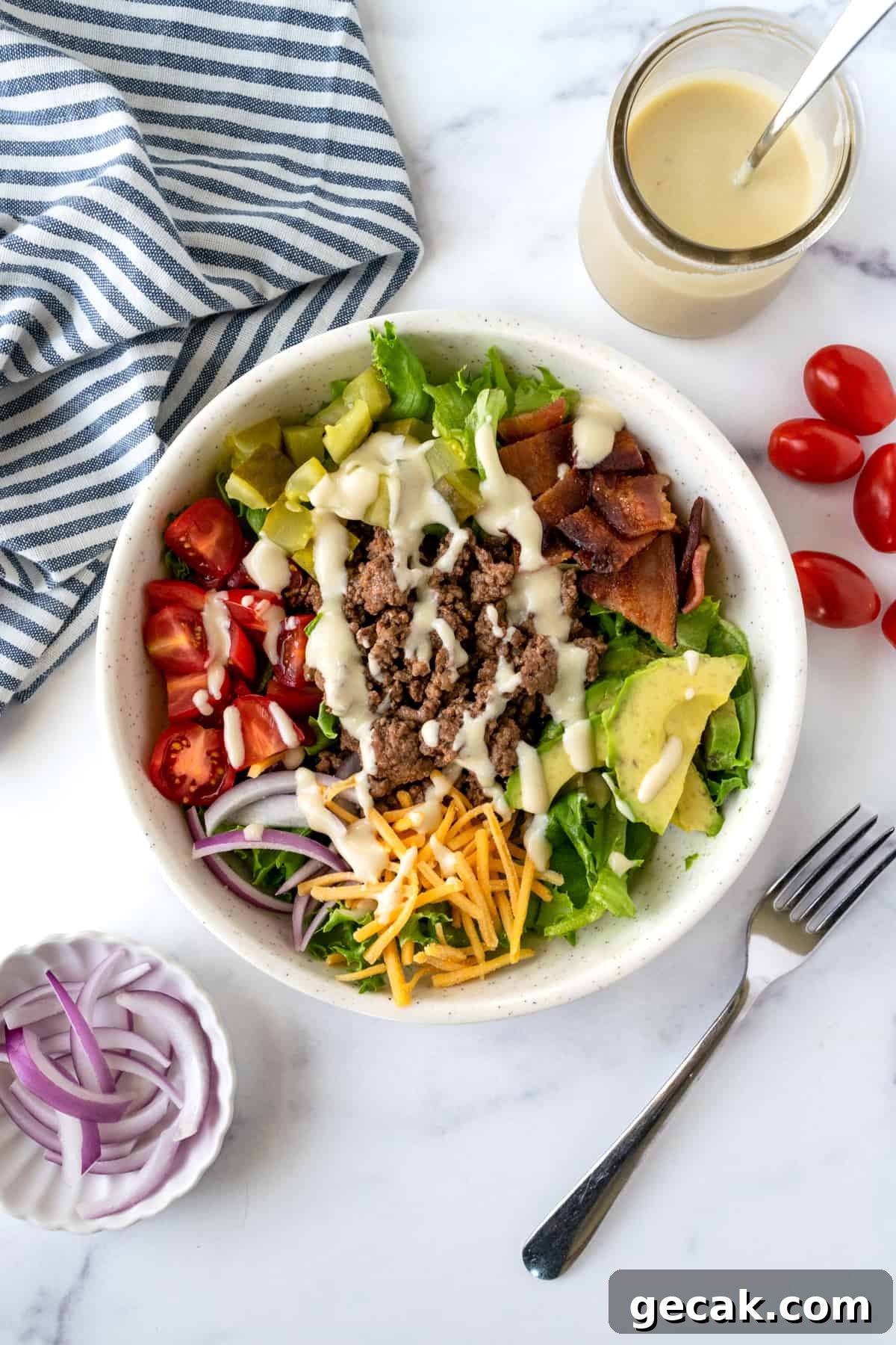 Cheeseburger Bowl on a marble countertop.