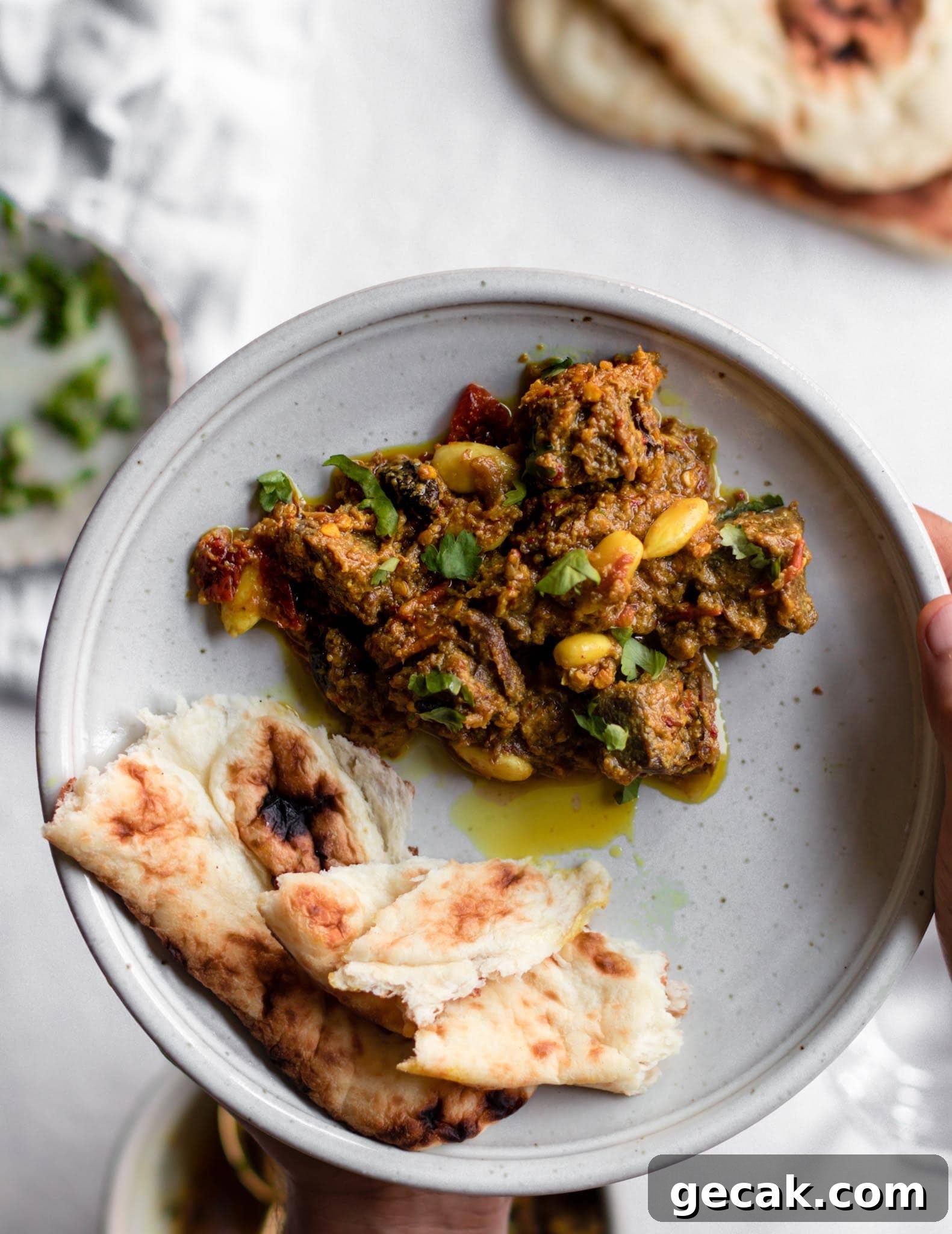 Holding a plate of Beef Stew with naan on the side