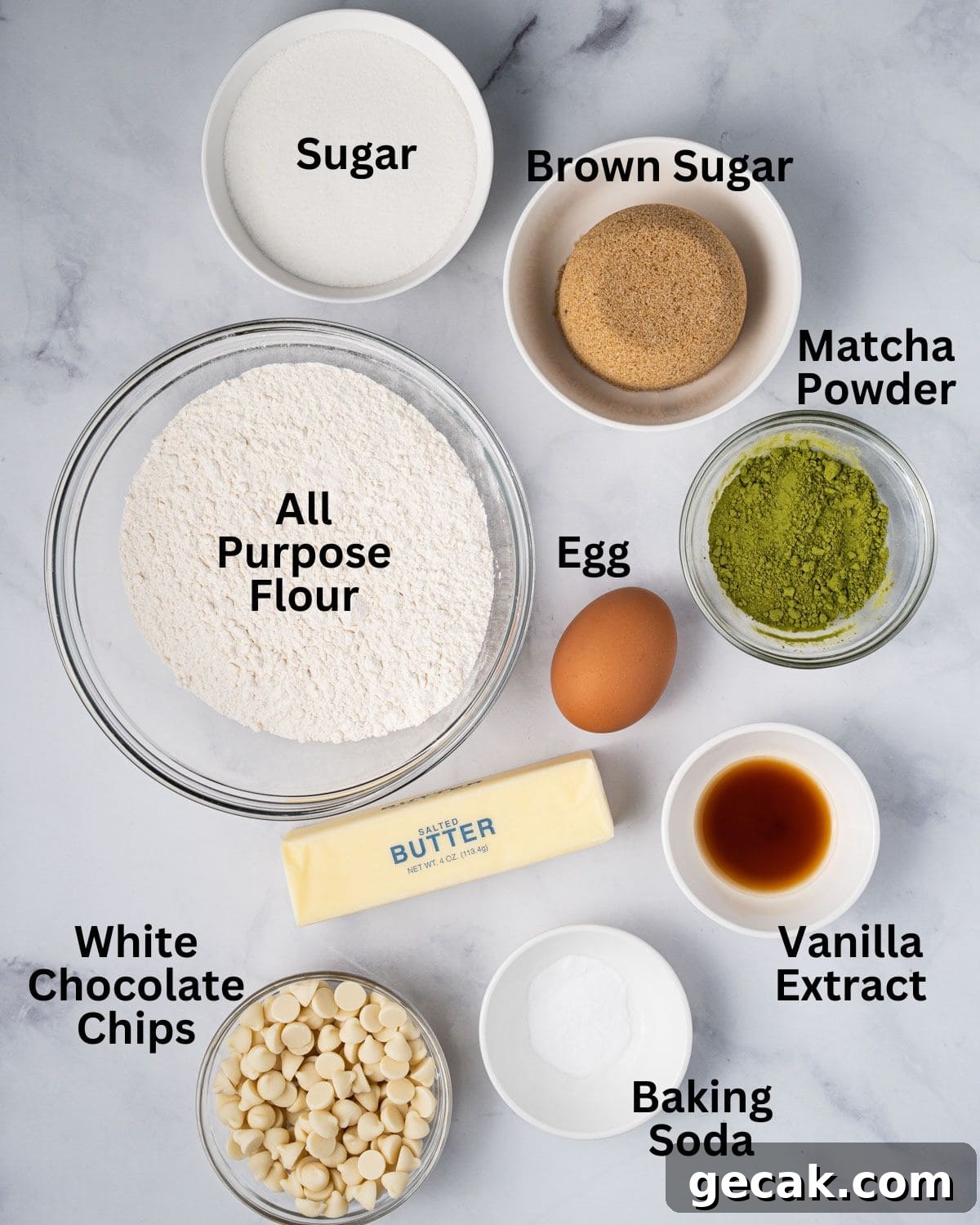 Ingredients needed for Matcha White Chocolate Chip Cookies: all purpose flour, sugars, matcha powder, baking soda, egg, butter, vanilla extract, and white chocolate chips.