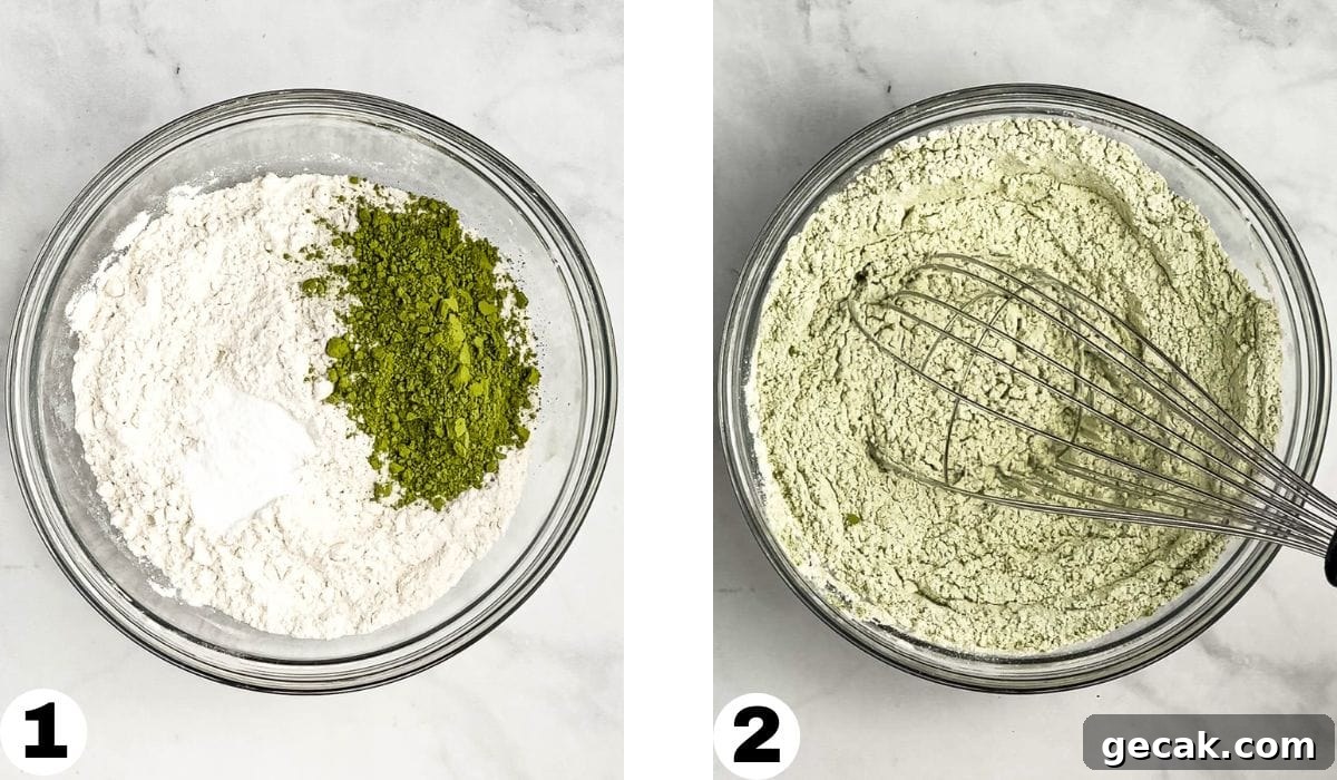 Mixing dry ingredients for Matcha White Chocolate Chip Cookies: all purpose flour, matcha powder, and baking soda.
