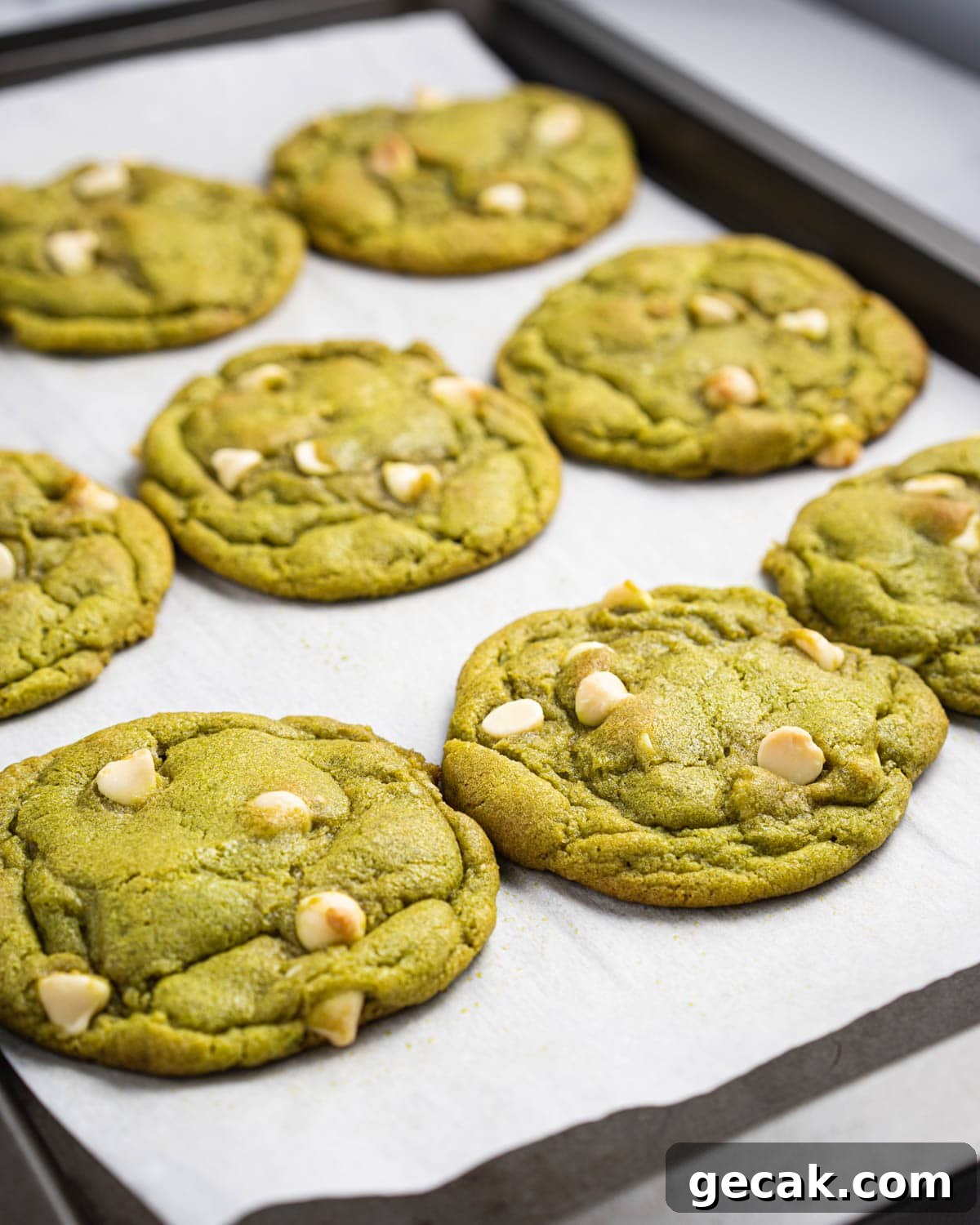 a tray of matcha white chocolate cookies.
