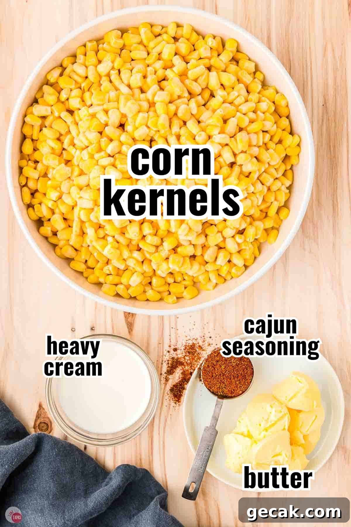 ingredients for a corn recipe in individual bowls with text overlay labeling them