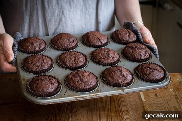 Chocolate Orange Muffins Recipe with Zesty Dark Chocolate Swirls 10 woman in grey holding a tray of fresh chocolate orange muffins