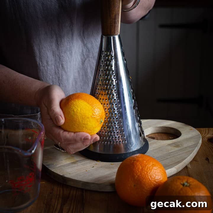 Chocolate Orange Muffins Recipe with Zesty Dark Chocolate Swirls 3 woman zesting an orange on a large metal grater over a wooden chopping board