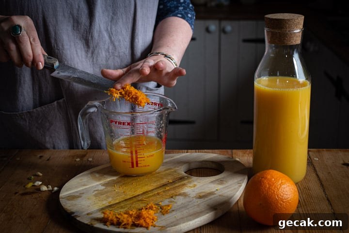 Chocolate Orange Muffins Recipe with Zesty Dark Chocolate Swirls 4 womans hands scraping orange zest from the blade of a knife into a glass jug of orange juice