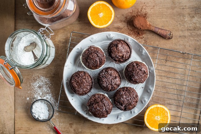 Chocolate Orange Muffins Recipe with Zesty Dark Chocolate Swirls 8 Chocolate Orange Muffins on a white plate surrounded by baking products