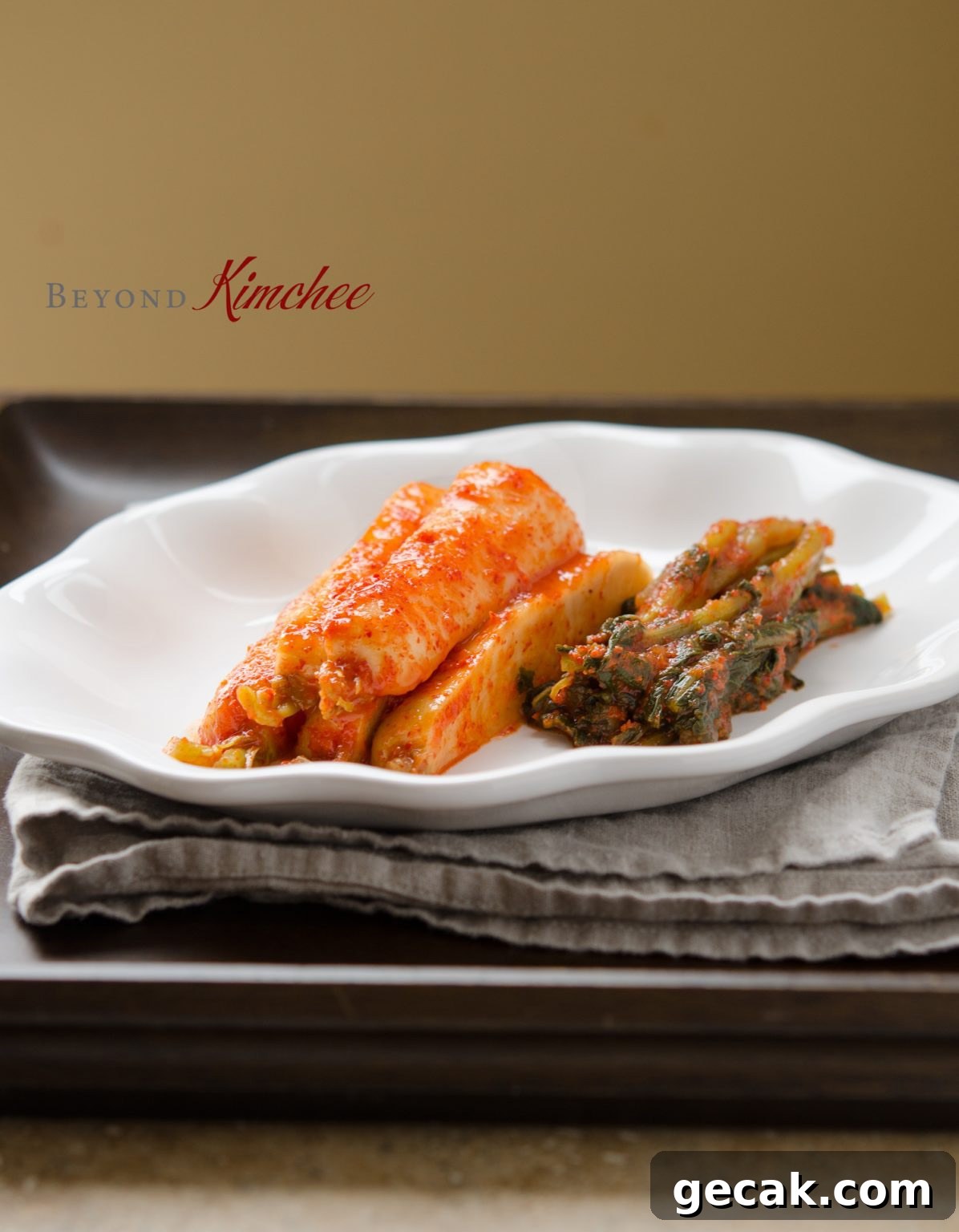 Sliced ponytail kimchi on a serving dish.