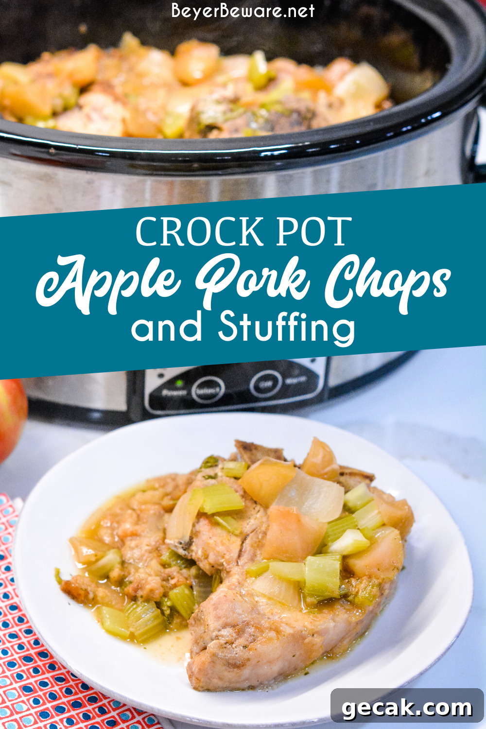 Crock pot apple pork chops is a flavorful crock pot pork chop recipe with lots of apples, onions, celery and cornbread stuffing.