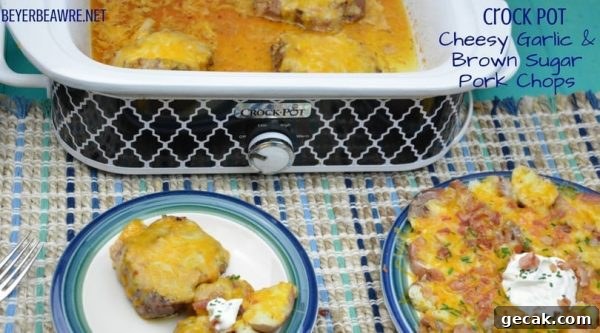 Crock Pot Cheesy Garlic and Brown Sugar Pork Chops have unique flavor combinations in the casserole crock pot to create flavorful crock pot pork chops.