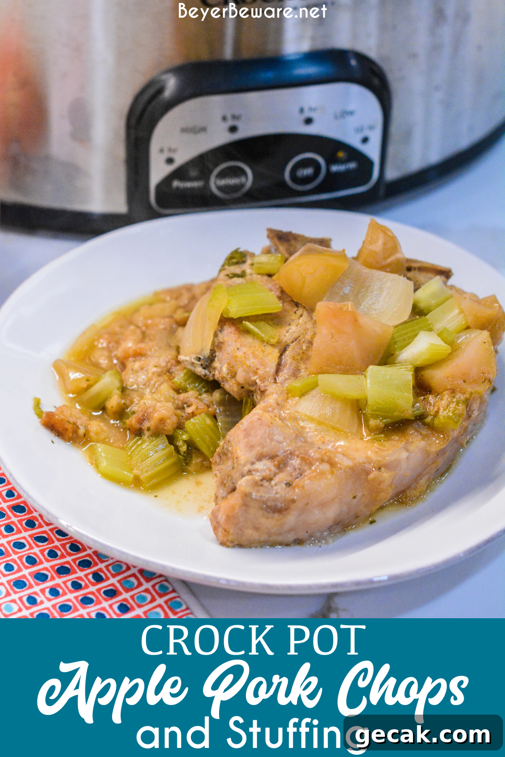 Crock pot apple pork chops is a flavorful crock pot pork chop recipe with lots of apples, onions, celery and cornbread stuffing.