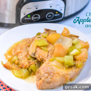 Crock pot apple pork chops is a flavorful crock pot pork chop recipe with lots of apples, onions, celery and cornbread stuffing.