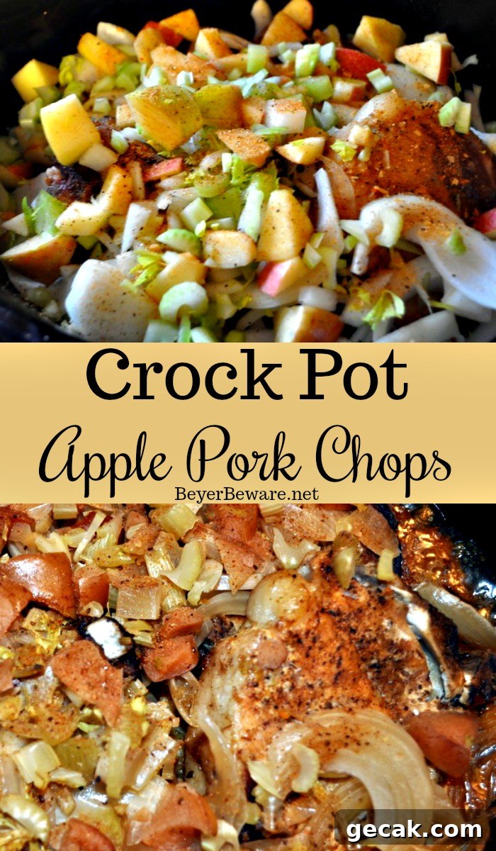 Crock pot apple pork chops is a flavorful crock pot pork chop recipe with lots of apples, onions, celery and cornbread stuffing for a flavorful dinner.