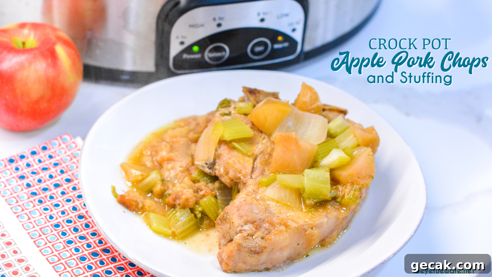 Crock pot apple pork chops is a flavorful crock pot pork chop recipe with lots of apples, onions, celery and cornbread stuffing.