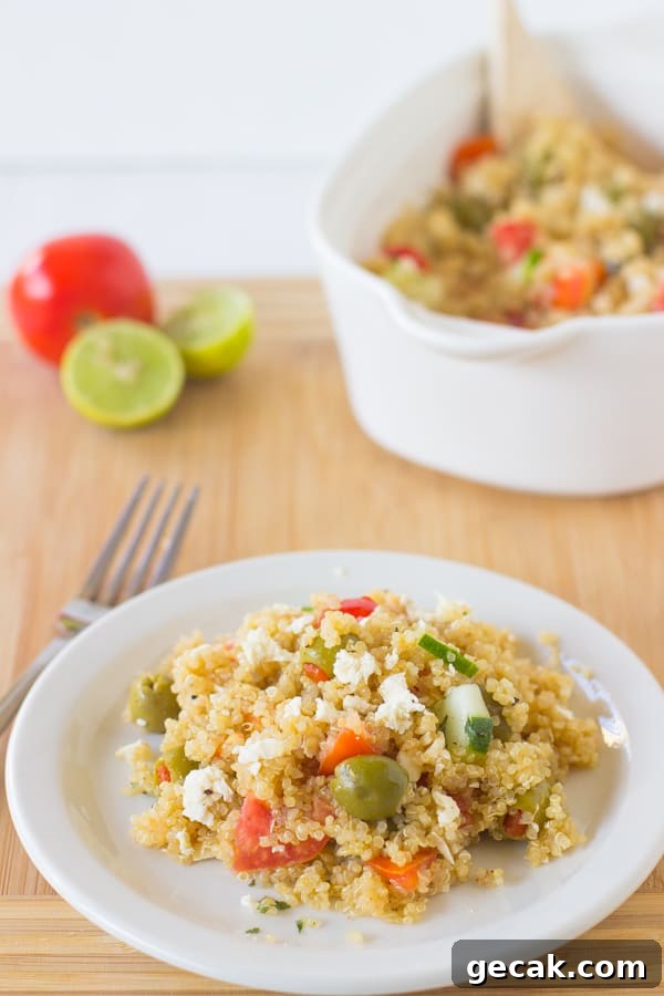 This Mediterranean Quinoa Salad is a quick and easy protein packed quinoa salad loaded with cucumbers, olives, feta cheese and delicious juicy tomatoes! It's all ready in under 30 minutes-4