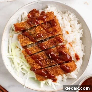 Japanese-style tofu katsu bowl with rice, cabbage, and sesame seeds.