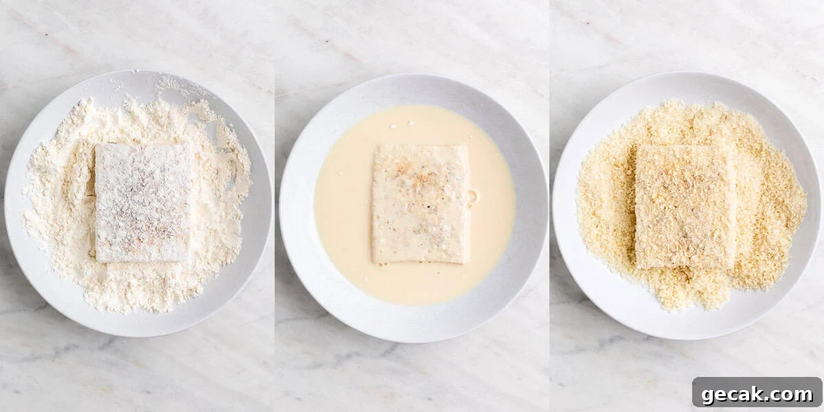 Triptych showing a tofu piece being coated in each of the three shallow dishes.