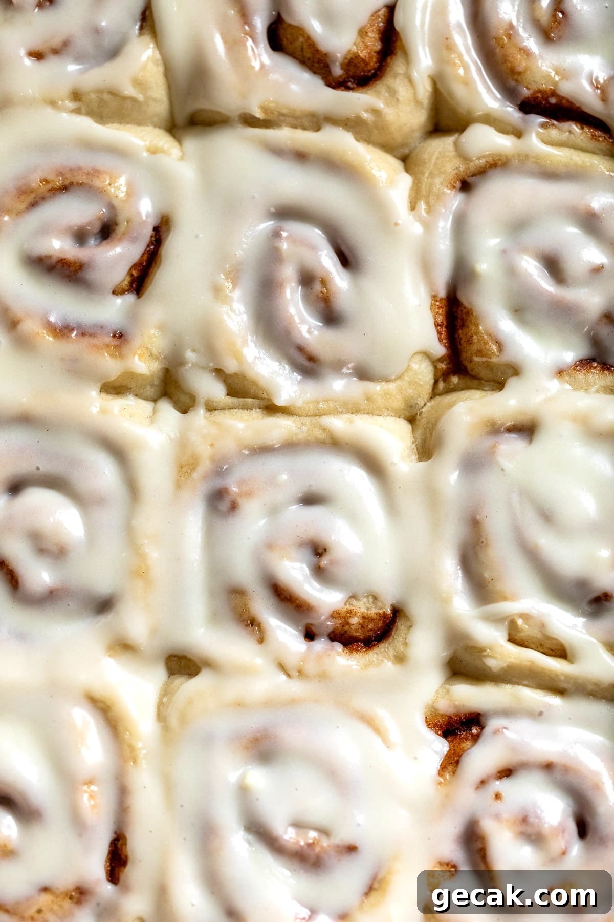 close up on cream cheese frosting-topped vegan cinnamon rolls in a white baking dish.