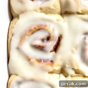 close up on a cream cheese frosting-topped vegan cinnamon roll.