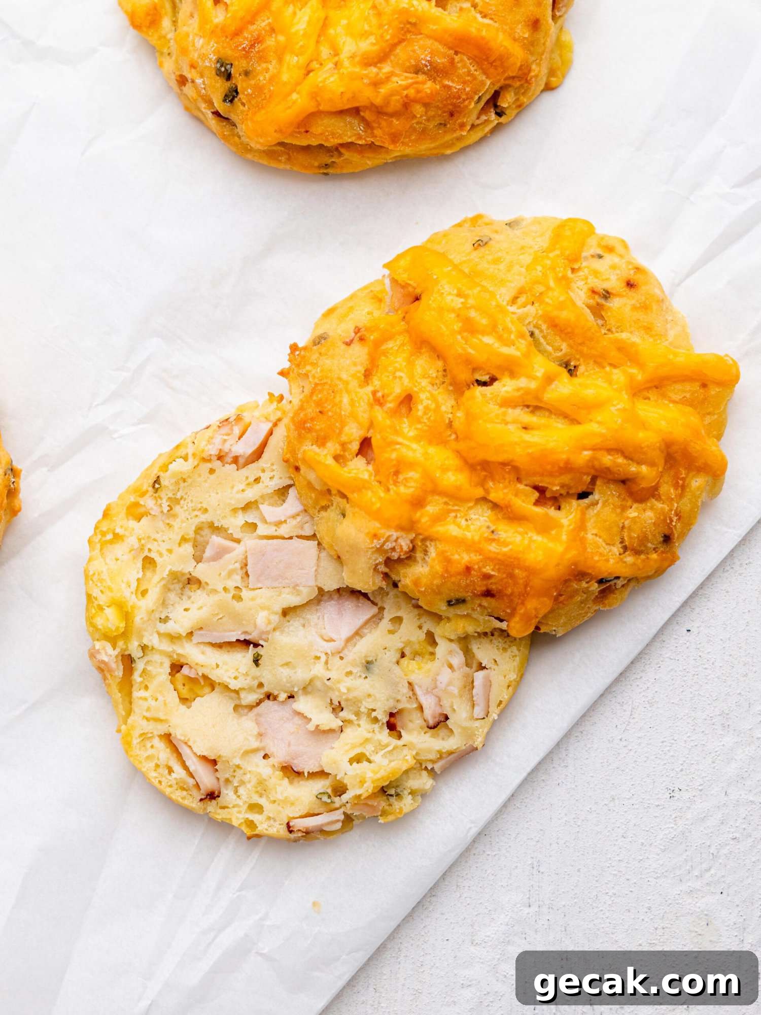 High-Protein Biscuits Without Butter — Fluffy, Low-Fat Recipe 3 Bird's eye view of a ham and cheese biscuit cut in half.
